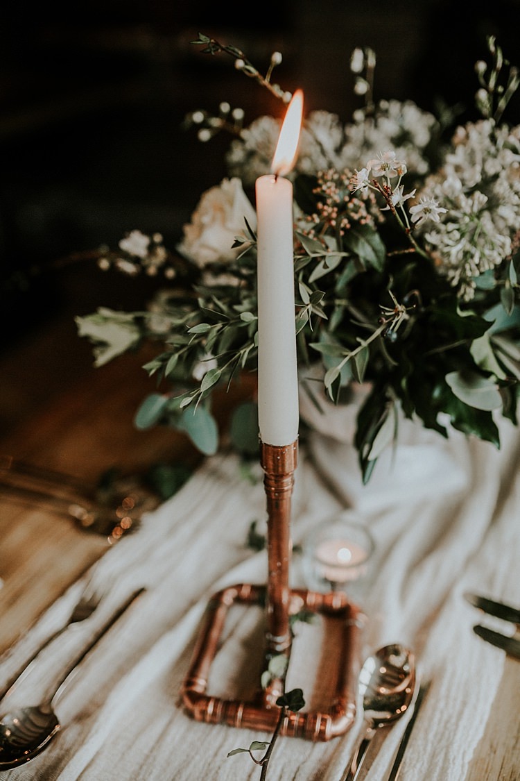 Pipe Candle Decor Modern Botanical Copper Geometric Wedding Ideas http://lolarosephotography.com/