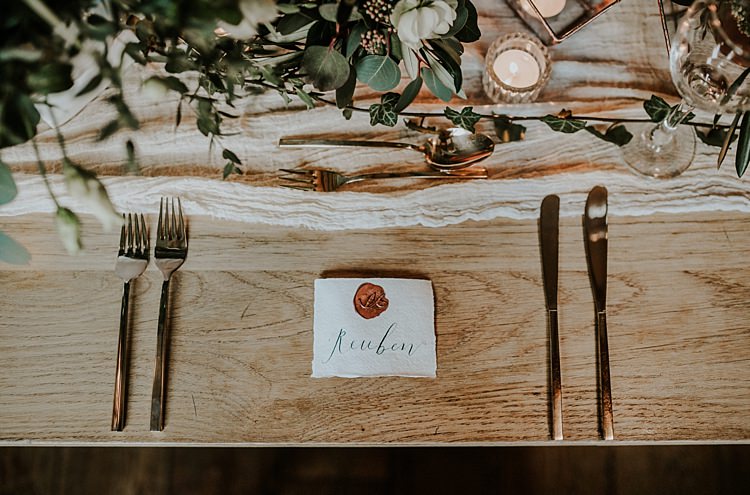 Place Name Setting Modern Botanical Copper Geometric Wedding Ideas http://lolarosephotography.com/