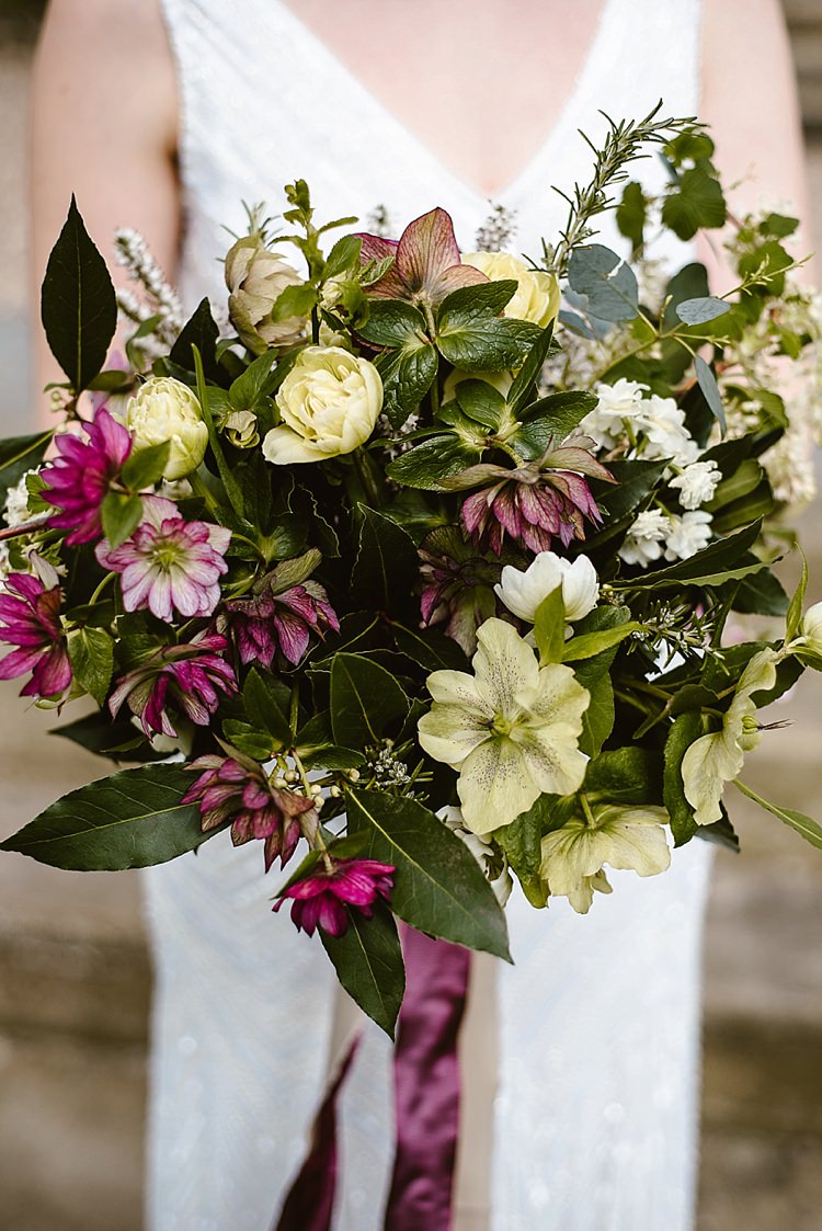 Bouquet Flowers Bride Bridal Spring Ribbon Cream Red Hellebores Blossom Foliage Beautiful Countryside Wedding Ideas Inspiration http://www.georginabrewster.com/