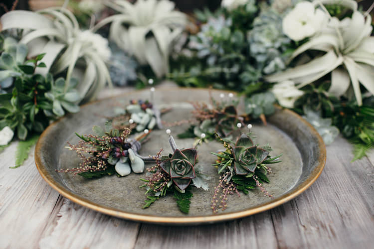 Buttonholes Succulents Foliage Minimal Botanical Copper Greenery Wedding http://www.frecklephotography.co.uk/
