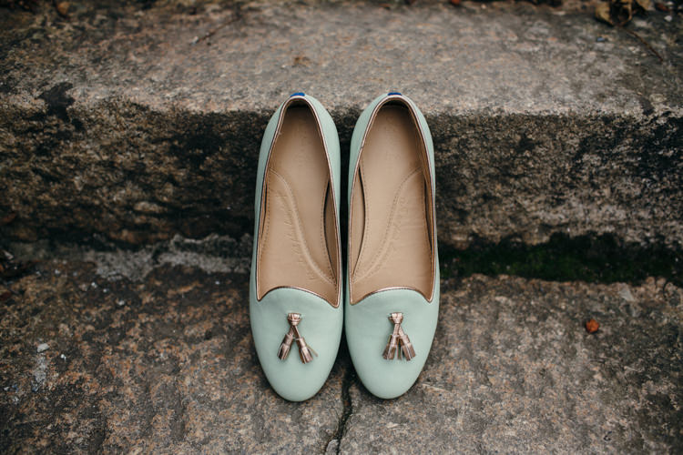 Mint Green Pumps Flats Bride Bridal Tassels Minimal Botanical Copper Greenery Wedding http://www.frecklephotography.co.uk/