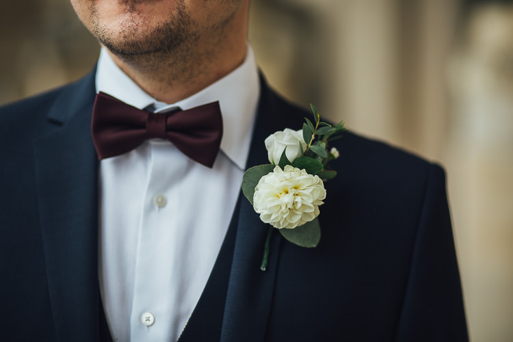 Cream Dahlia Buttonhole Groom Bow Tie Stylish Lakeside City Wedding http://www.struthphotography.com/