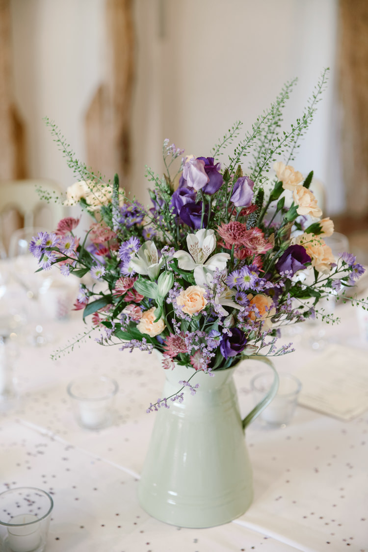 Jug Centrepiece Flowesr Table Roses Pretty Purple Pastels Country Wedding http://www.nataliejweddings.com/