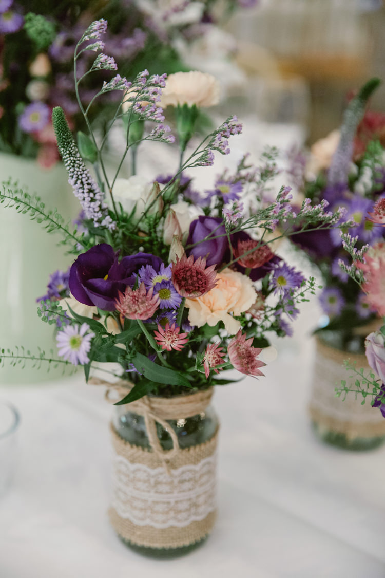 Jar Flowers Hessian Lace Burlap Pretty Purple Pastels Country Wedding http://www.nataliejweddings.com/