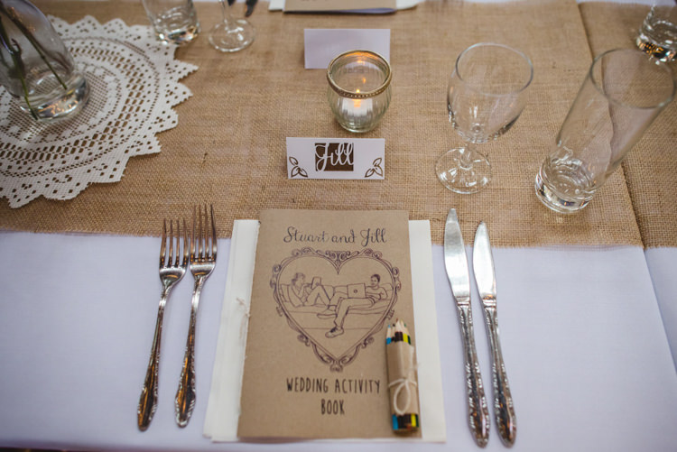 Guest Activity Book Place Name Setting Table Decor Crafty Fun Personal Arts Centre Wedding http://www.sophieduckworthphotography.com/