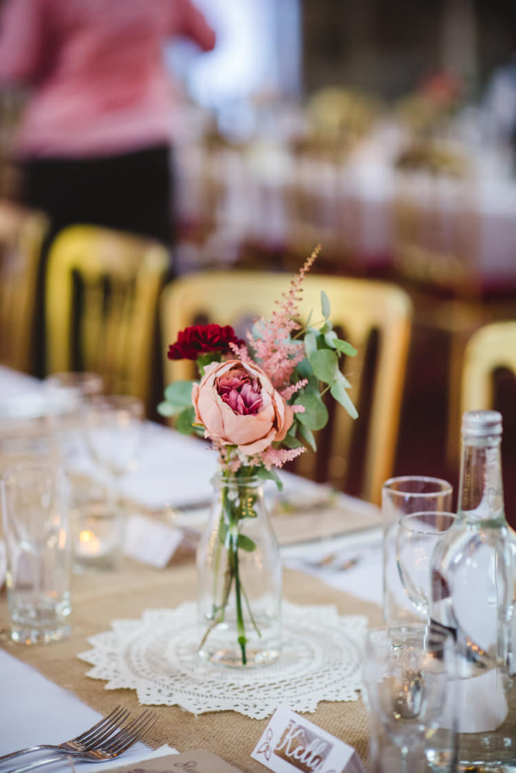 Milk Bottle Flowers Hessian Burlap Doily Peony Rose Crafty Fun Personal Arts Centre Wedding http://www.sophieduckworthphotography.com/