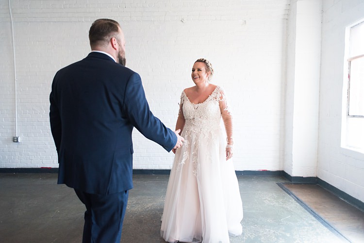 Bride Groom First Look Romantic Industrial Studio Loft Georgia Wedding http://krisandraevans.com/