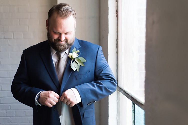 Groom Navy Suit Getting Ready Romantic Industrial Studio Loft Georgia Wedding http://krisandraevans.com/