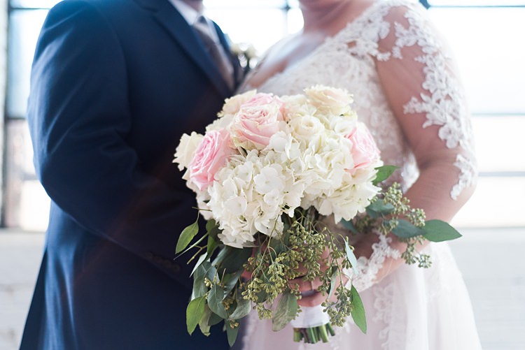 Bride Groom Bouquet Hydrangeas Roses Romantic Industrial Studio Loft Georgia Wedding http://krisandraevans.com/