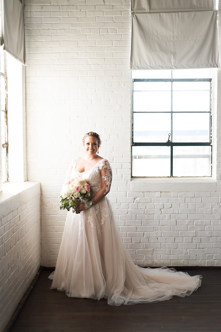Bride Beautiful Blush Dress Lace Romantic Industrial Studio Loft Georgia Wedding http://krisandraevans.com/ 