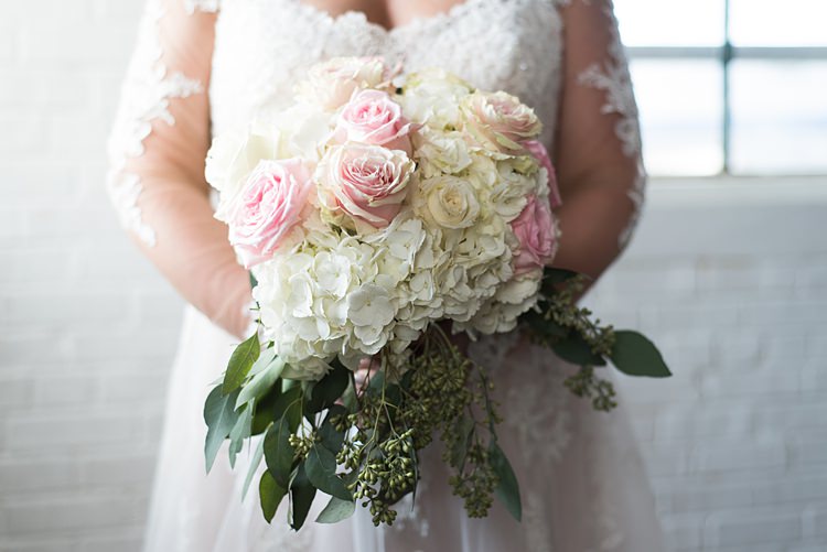 Bouquet Roses Hydrangeas Romantic Industrial Studio Loft Georgia Wedding http://krisandraevans.com/