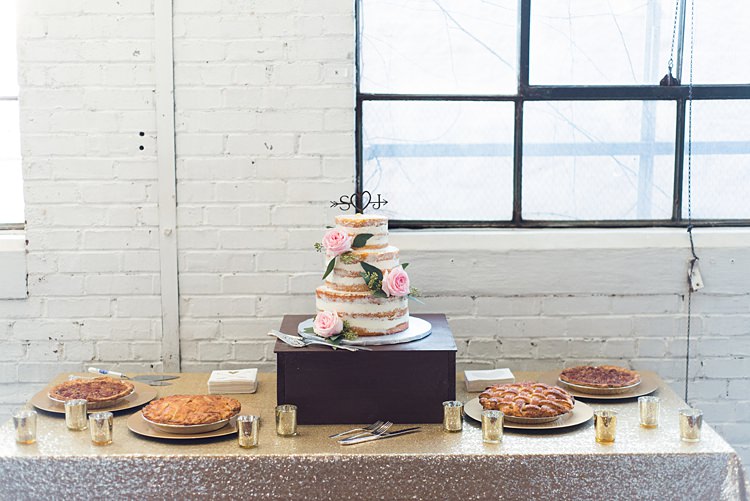 Dessert Table Pies Naked Cake Romantic Industrial Studio Loft Georgia Wedding http://krisandraevans.com/ 