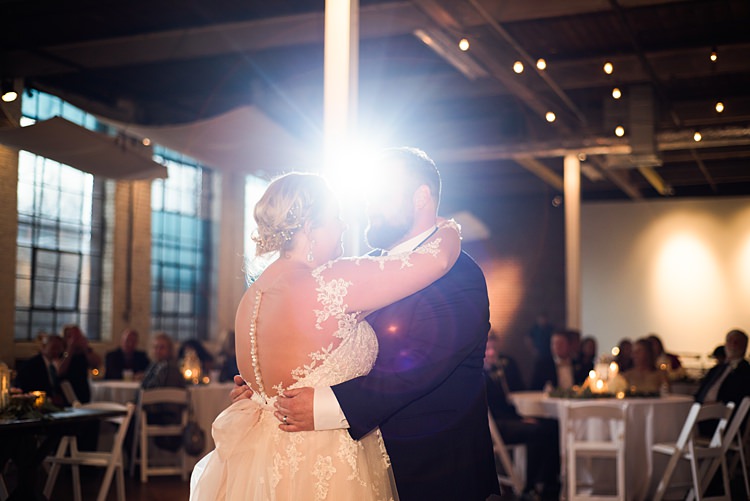 Bride Groom First Dance Lace Dress Back Romantic Industrial Studio Loft Georgia Wedding http://krisandraevans.com/ 