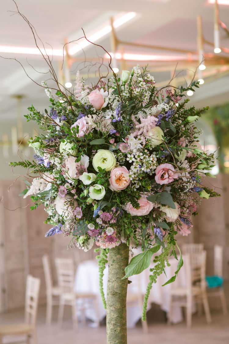 Table Centre Pedestal Tall Arrangement Rose Twigs Pastel Greenery Easter Spring Woodland Wedding http://emmastonerweddings.com/