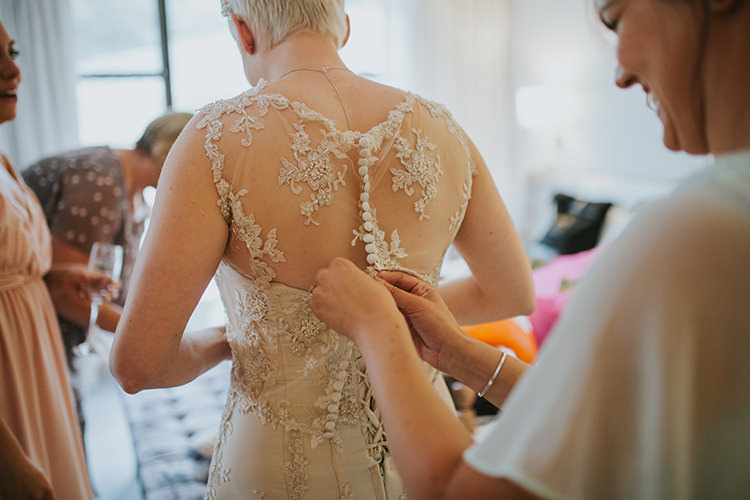 Illusion Back Lace Button Dress Gown Bride Bridal Colourful Quirky Down To Earth Wedding http://jenmarino.com/