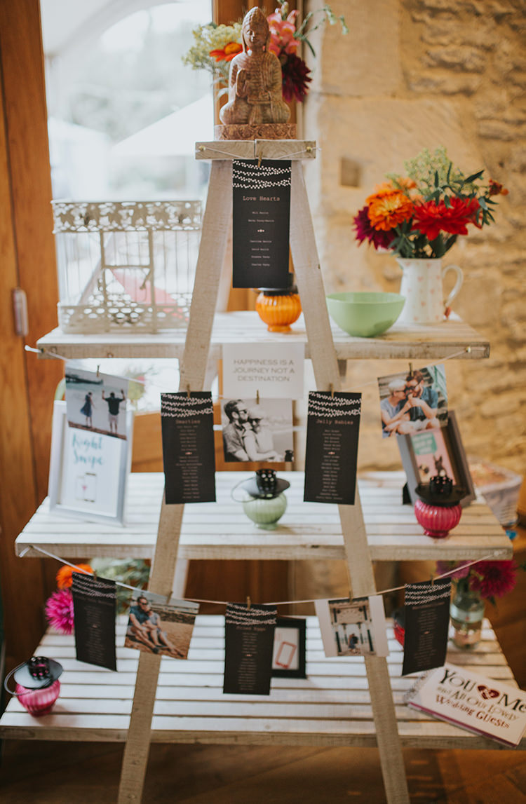 Ladder Seating Plan Table Chart Flowers Decor Colourful Quirky Down To Earth Wedding http://jenmarino.com/