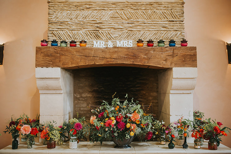 Flowers Decor Fireplace Ceremony Barn Red Orange Dahlia Autumn Colourful Quirky Down To Earth Wedding http://jenmarino.com/