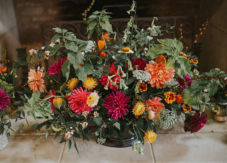 Vase Urn Flowers Red Orange Dahlia Autumn Arrangement Decor Colourful Quirky Down To Earth Wedding http://jenmarino.com/