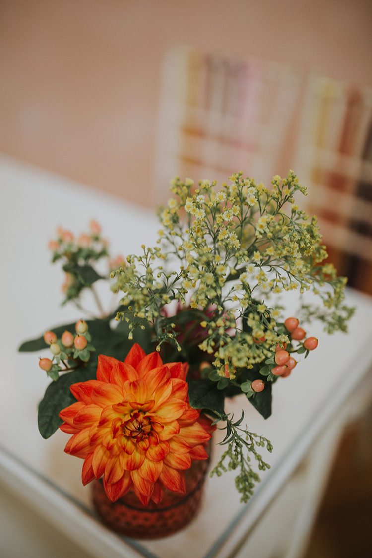 Jar Flowers Orange Dahlia Colourful Quirky Down To Earth Wedding http://jenmarino.com/