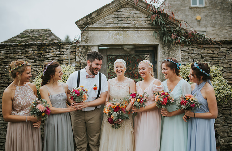 Mismatched Bridesmaids Bridesman Pastel Pretty Colourful Quirky Down To Earth Wedding http://jenmarino.com/