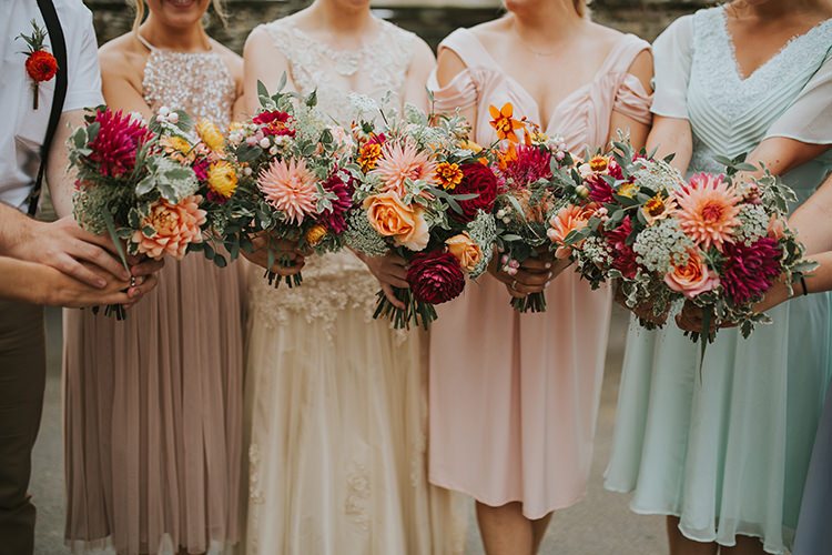 Bouquets Bride Bridal Red Orange Autumn Dahlia Bridesmaids Colourful Quirky Down To Earth Wedding http://jenmarino.com/