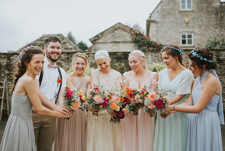 Mismatched Bridesmaids Bridesman Dresses Pastel Colourful Quirky Down To Earth Wedding http://jenmarino.com/