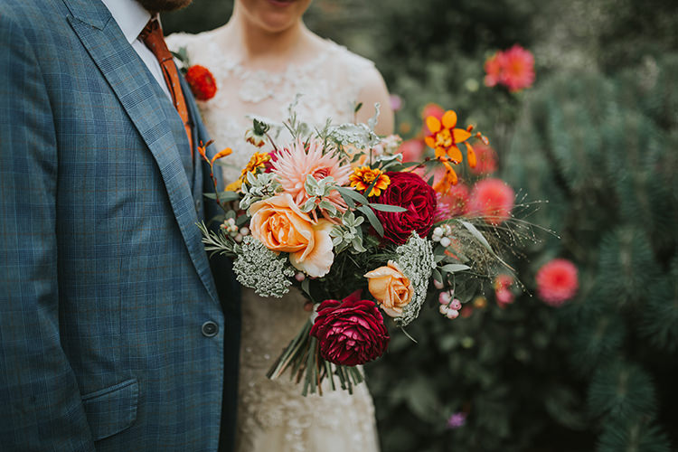 Bouquet Bride Bridal Flowers Red Orange Autumn Dahlia Rose Colourful Quirky Down To Earth Wedding http://jenmarino.com/