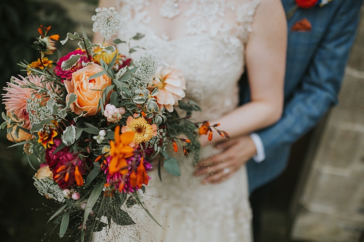 Bouquet Bride Bridal Flowers Red Orange Autumn Dahlia Rose Colourful Quirky Down To Earth Wedding http://jenmarino.com/