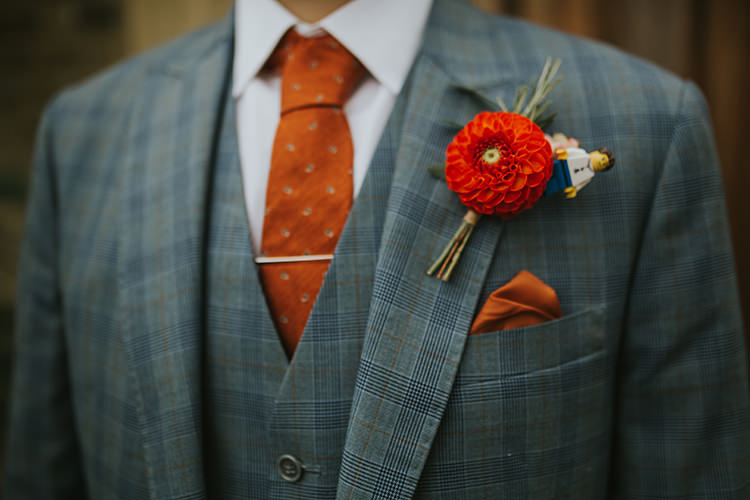 Dahlia Lego Buttonhole Groom Colourful Quirky Down To Earth Wedding http://jenmarino.com/