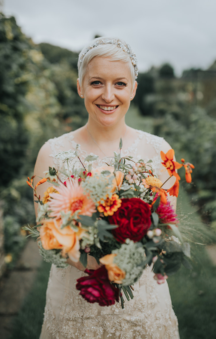 Bride Bridal Short Hair Bouquet Flowers Red Orange Dahlia Autumn Colourful Quirky Down To Earth Wedding http://jenmarino.com/