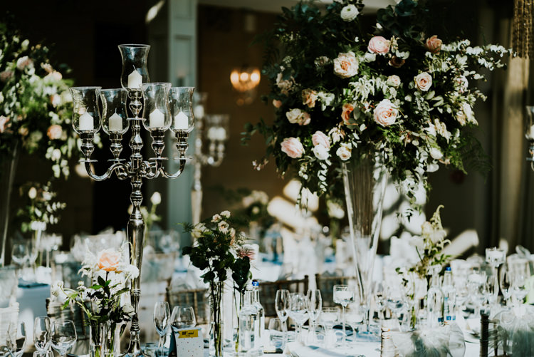 Silver Candlestick Greenery Rose Flowers Table Centre Pink Tall Dreamy Blush Floral Wonderland Wedding http://www.stevebridgwoodphotography.co.uk/