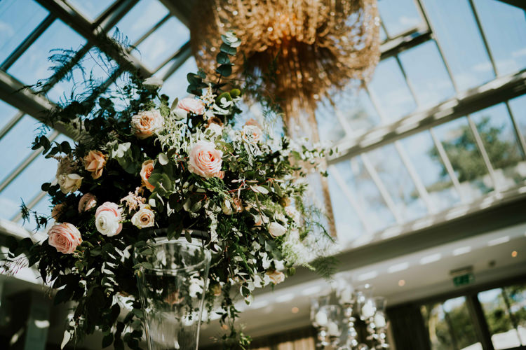 High Flower Arrangements Table Centre Rose Eucalyptus Pink Dreamy Blush Floral Wonderland Wedding http://www.stevebridgwoodphotography.co.uk/