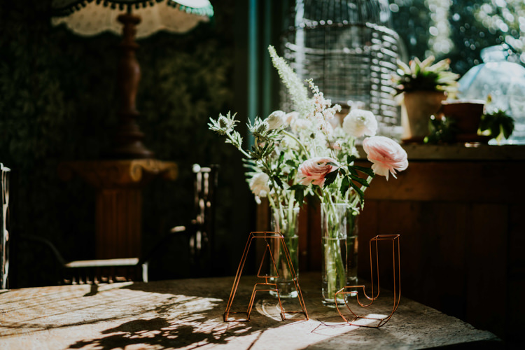Wire Initials Thistle Rose Greenery Vase Dreamy Blush Floral Wonderland Wedding http://www.stevebridgwoodphotography.co.uk/