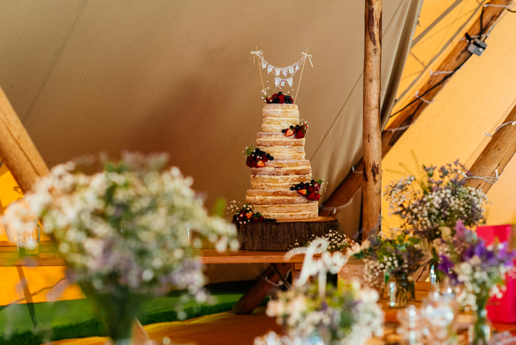 Naked Cake Tall Sponge Bunting Fruit Log Fun Loving Secret Garden Tipi Wedding https://www.aaroncollettphotography.co.uk/