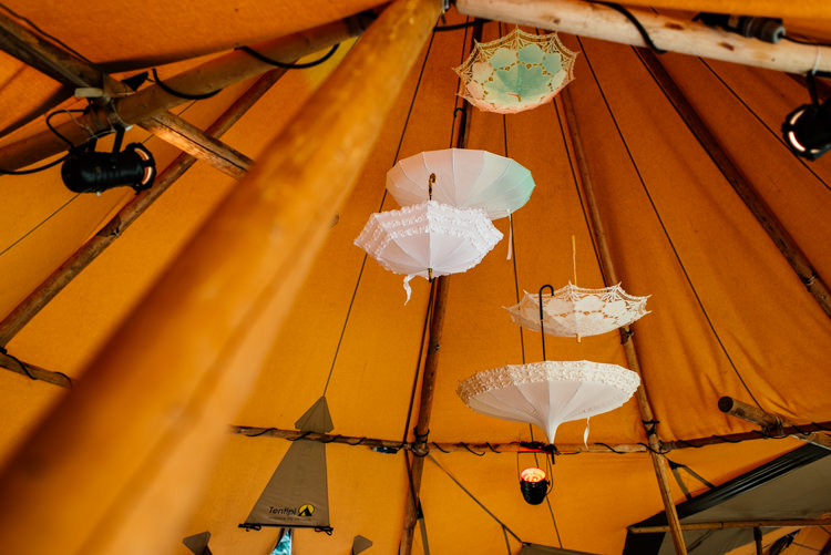 Hanging Umbrellas Decor Fun Loving Secret Garden Tipi Wedding https://www.aaroncollettphotography.co.uk/
