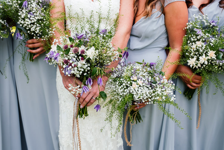 Wild Natural Bridesmaids Bouquets Flowers Bride Purple White Bridal Fun Loving Secret Garden Tipi Wedding https://www.aaroncollettphotography.co.uk/