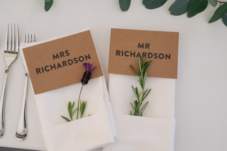 Lavender Rosemary Place Setting Card Brown Kraft Paper Industrial Glam Marquee Wedding http://www.stottandatkinson.com/