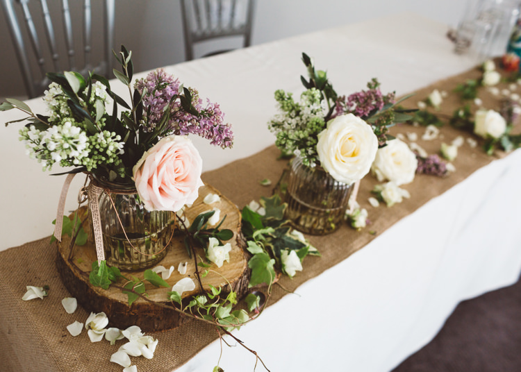 Hessian Wood Slice Jar Ribbon Rose Petals Top Table Runner Elegant Unique Pale Pink Tipi Wedding http://holliecarlinphotography.com/