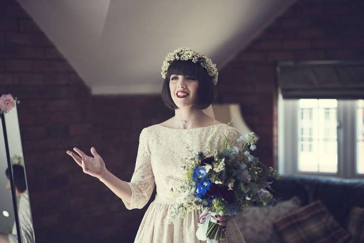 Bride Bridal Kula Tsurdiu Dress Tea Length Sleeves Flower Crown Waxflower White Blue Bouquet Quirky Seaside Farm Wedding http://www.thomasthomasphotography.co.uk/