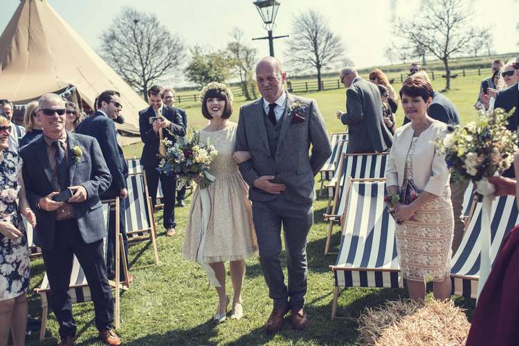 Ceremony Bride Bridal Kula Tsurdiu Dress Blue Bouquet Flower Crown Waxflower Tea Length T-Bar Shoes Deck Chairs Quirky Seaside Farm Wedding http://www.thomasthomasphotography.co.uk/