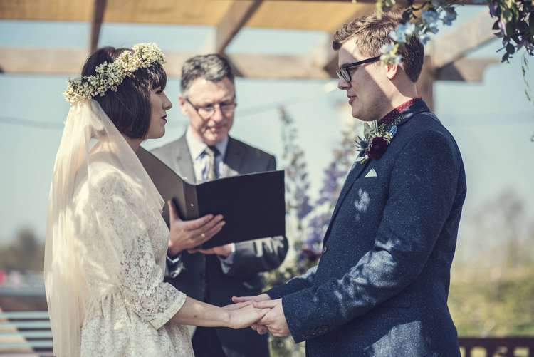 Ceremony Bride Bridal Kula Tsurdiu Dress Flower Crown Veil Next Groom Three Piece Tweed Blue Burgandy Quirky Seaside Farm Wedding http://www.thomasthomasphotography.co.uk/