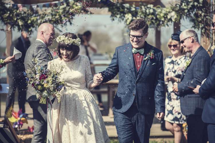 Confetti Shot ula Tsurdiu Bride Bridal Dress Waxflower Flower Crown Blue Bouquet Veil Next Groom Quirky Seaside Farm Wedding http://www.thomasthomasphotography.co.uk/
