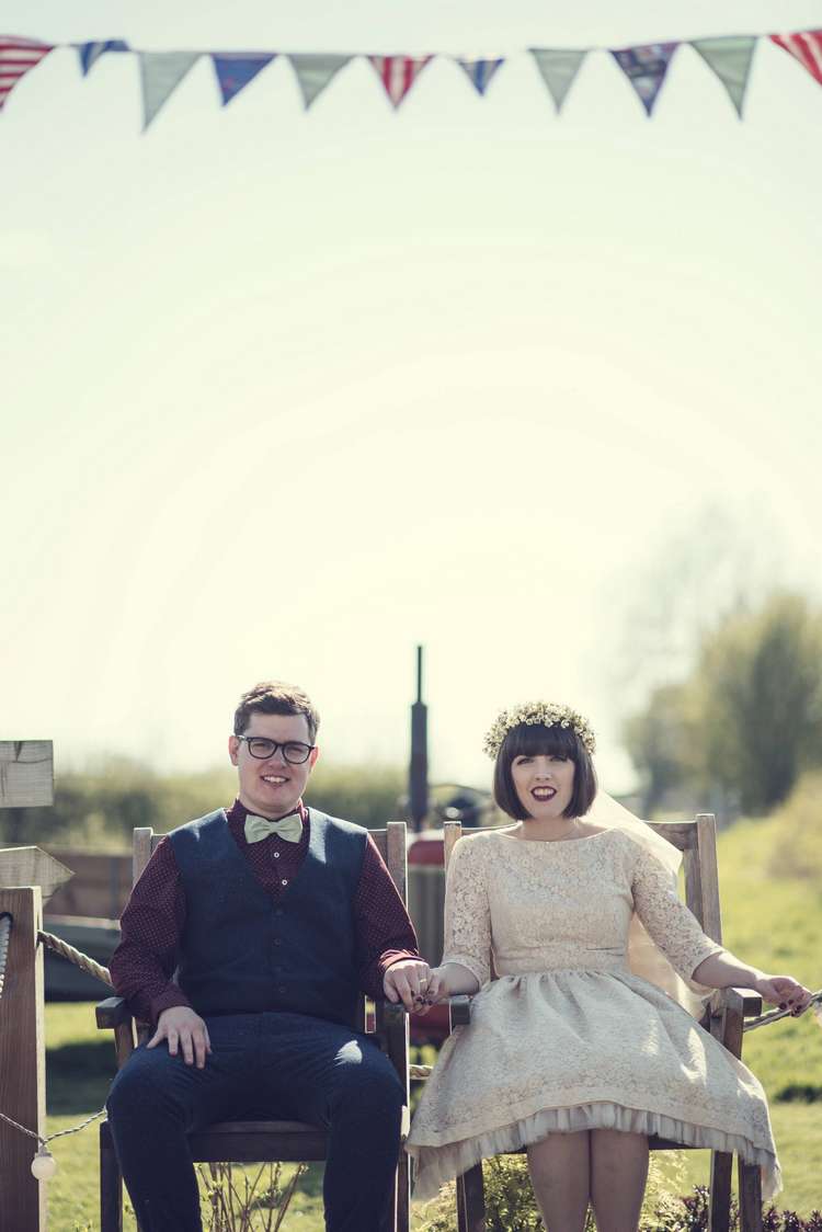 Kula Tsurdiu Bride Bridal Dress Waxflower Flower Crown Veil Next Groom Bowtie Bunting Quirky Seaside Farm Wedding http://www.thomasthomasphotography.co.uk/
