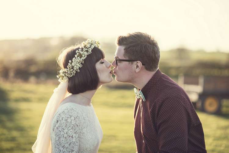 Kula Tsurdiu Bride Bridal Dress Waxflower Flower Crown Veil Next Groom Bowtie Burgundy Quirky Seaside Farm Wedding http://www.thomasthomasphotography.co.uk/
