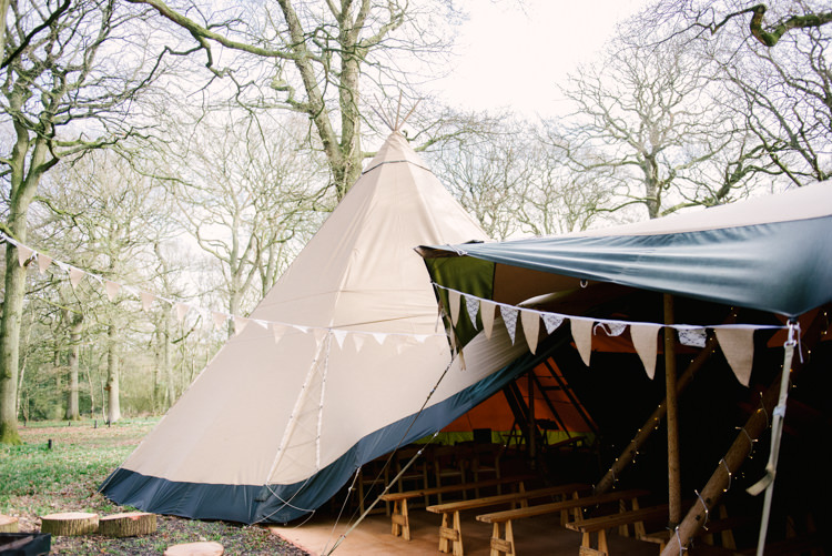 Bunting Fairy Lights Benches Woodland Magical Cosy Forest Tipi Wedding http://katewatersphotography.com/