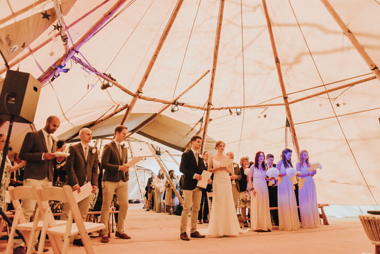 Ceremony Bride Bridal Maggie Sottero Jack Wills Zara Groom Mismatched Pink Bridesmaids Magical Cosy Forest Tipi Wedding http://katewatersphotography.com/