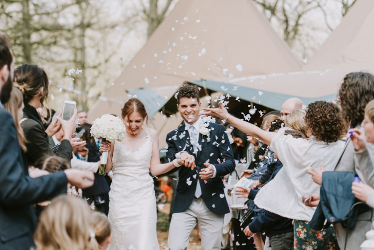 Confetti Shot Bride Bridal Maggie Sottero Gown Dress Sleeveless Champagne Jack Wills Zara Groom Chinos Mismatched Magical Cosy Forest Tipi Wedding http://katewatersphotography.com/