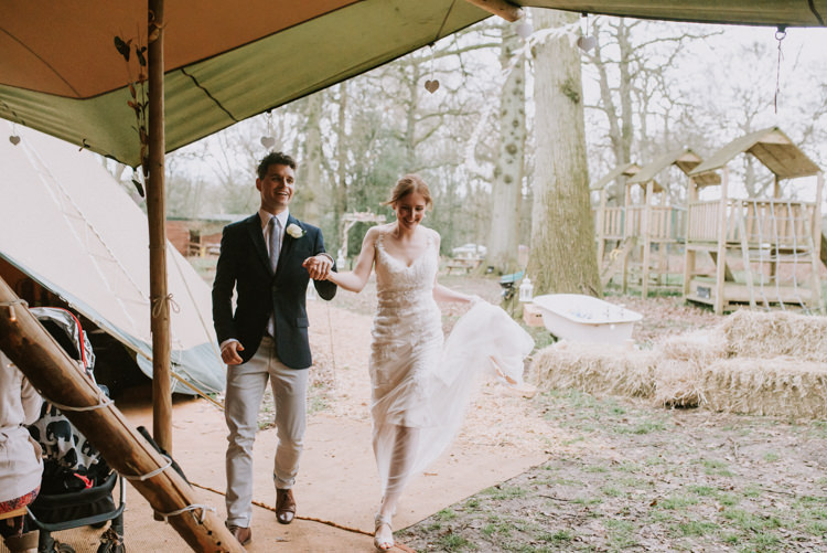 Bride Bridal Maggie Sottero Gown Dress Sleeveless Champagne Overlay Groom Jacket Jack Wills Zara Chinos Mismatched Magical Cosy Forest Tipi Wedding http://katewatersphotography.com/