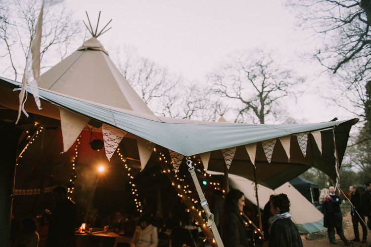 Bunting Lace Hessian Details Pea Lights Fairy Lights Magical Cosy Forest Tipi Wedding http://katewatersphotography.com/