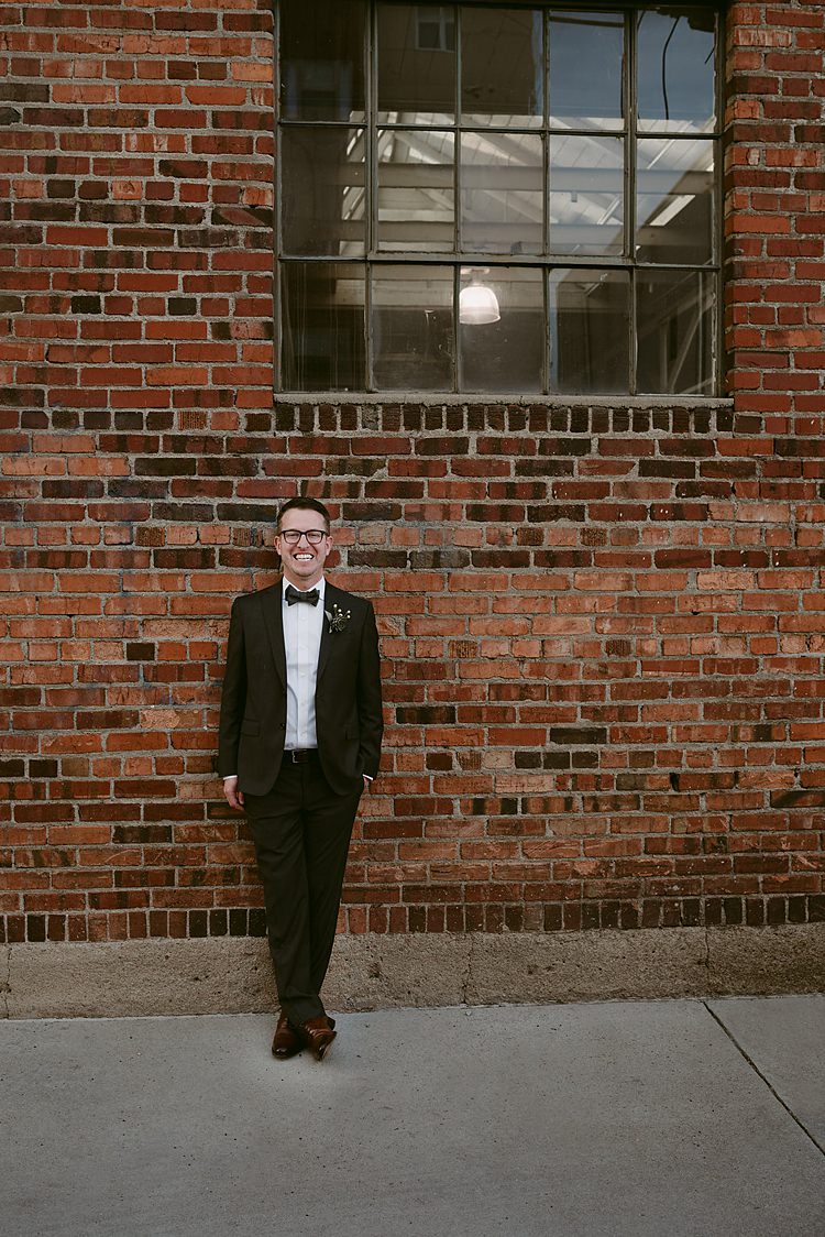 Bow Tie Tuxedo Groom Glasses Hip Art Gallery Wedding Colorado http://www.lisarundallphotography.com/